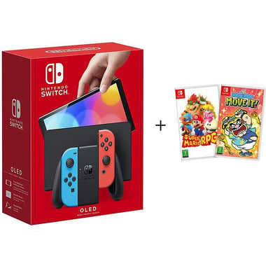 Nintendo Switch - OLED Joy-Con (Neon Blue/Neon Red), 64 GB, Bundle with Super Mario RPG;Wario Ware: MOVE IT!, Black