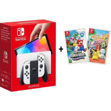 Nintendo Switch - OLED Joy-Con (White), 64 GB, Bundle with Super Mario Bros. Wonder;Detective Pikachu Returns, White