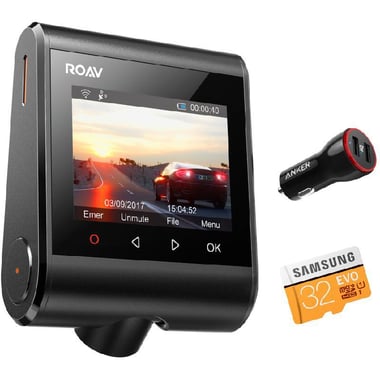 Roav DashCam C1 Pro Bundle with 2-port Car Charger + 32 GB MicroSD Dash Cam, for Most Smartphones with Android OS/iOS, Black